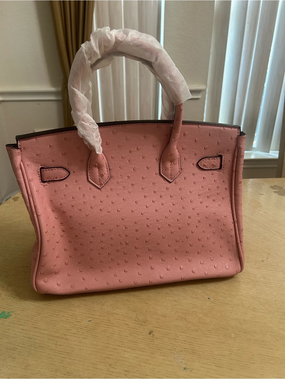 Pink Ostrich-Texture Top-Handle Bag UNBRANDED BIRKIN STYLE - Picture 2 of 8